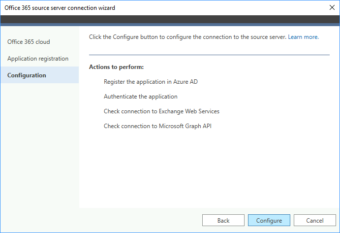 Configure source server connection to Office 365 organization.