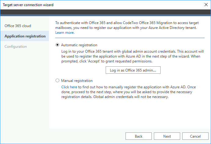 Application registration - target server