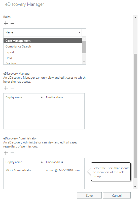 Setting Permissions to eDiscovery Management