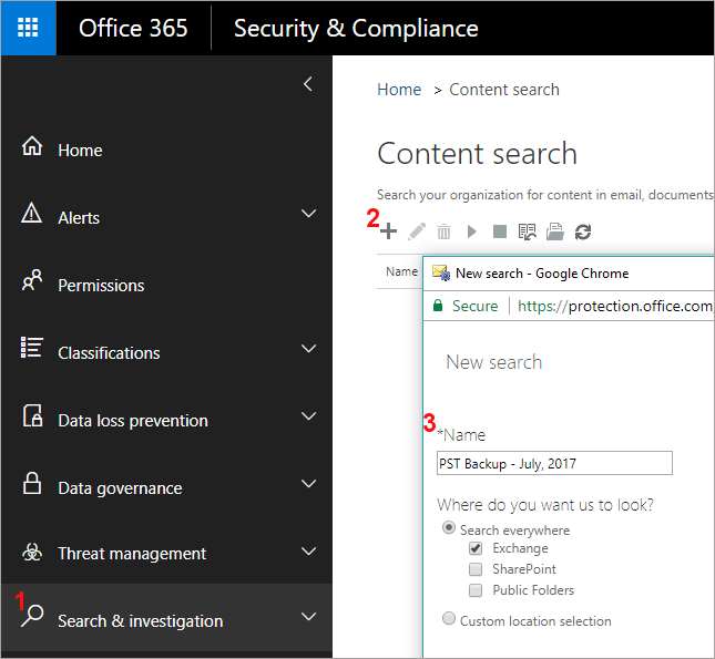 Create New Content Search in Office 365 eDiscovery