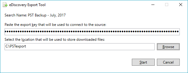 Paste the export key and point to the download location
