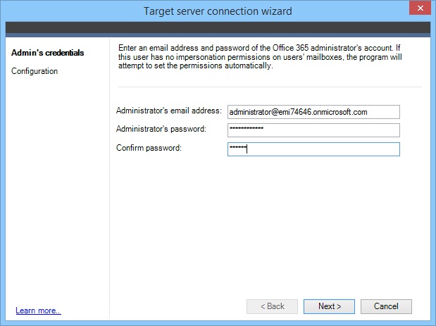New target server connection - providing Office 365 admin credentials