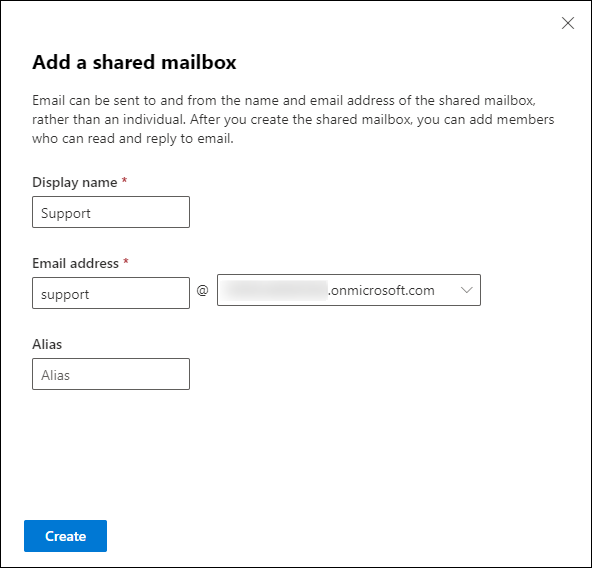Specifying new shared mailbox basic settings in EAC