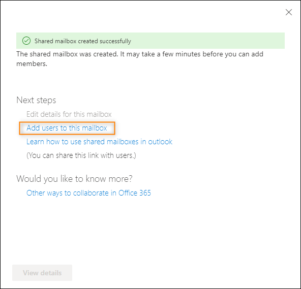 Moving on to the process of adding users after successful creation of a shared mailbox in EAC