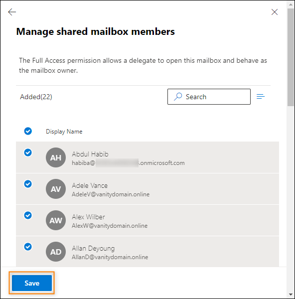 Selecting users who will be able to fully access the shared mailbox