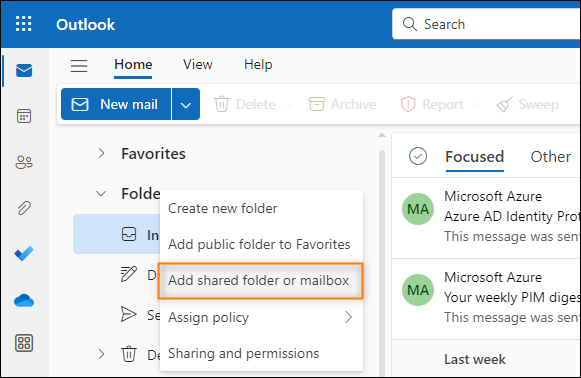 Adding a shared mailbox in Outlook on the web (OWA)