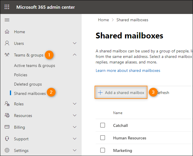 Creating a new shared mailbox in the Microsoft 365 admin center