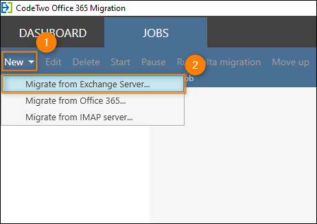Creating a new migration job from Exchange Server in CodeTwo Office 365 Migration