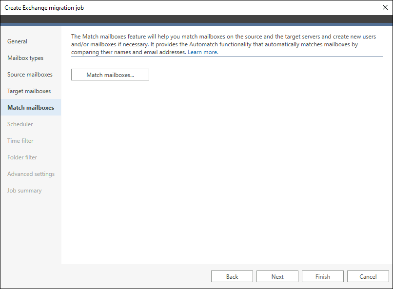 Accessing the Match mailboxes window in CodeTwo Office 365 Migration