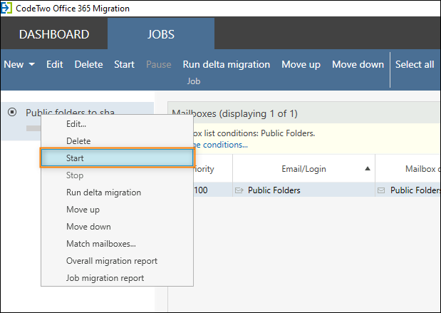 Starting the migration job in CodeTwo Office 365 Migration