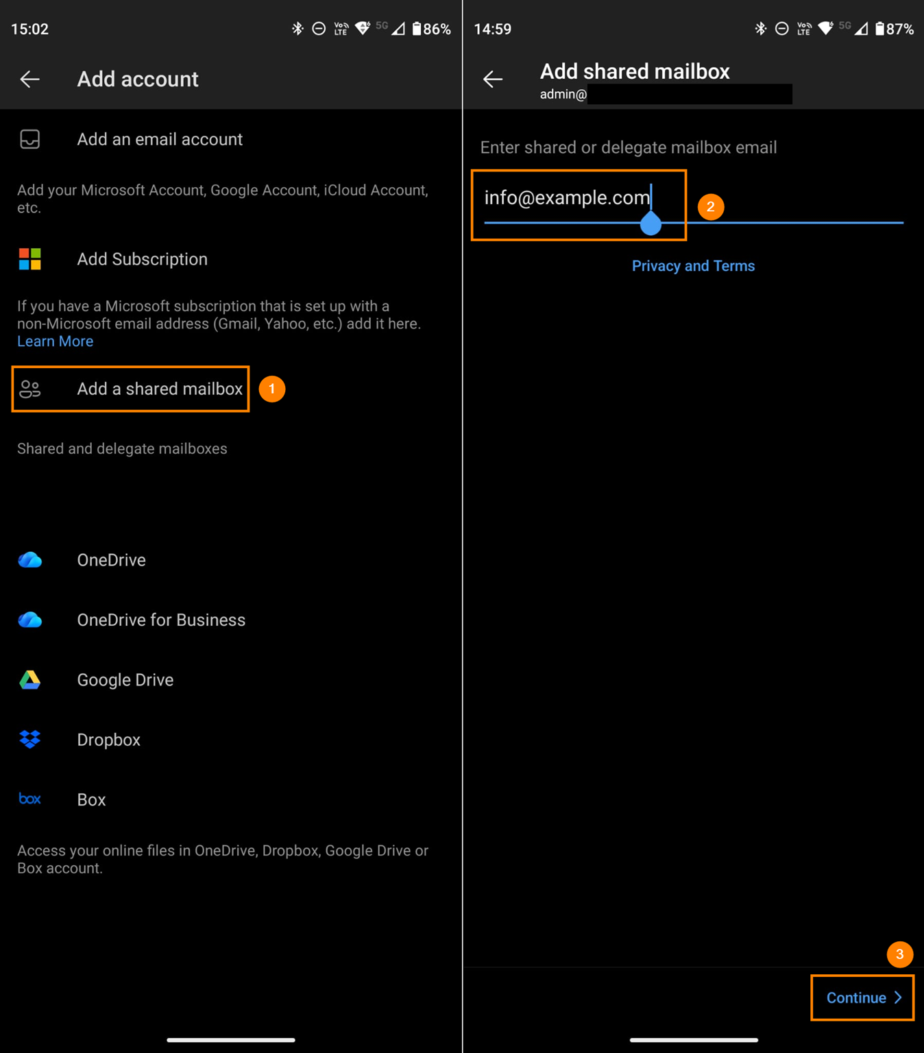 Selecting a shared mailbox in Outlook mobile