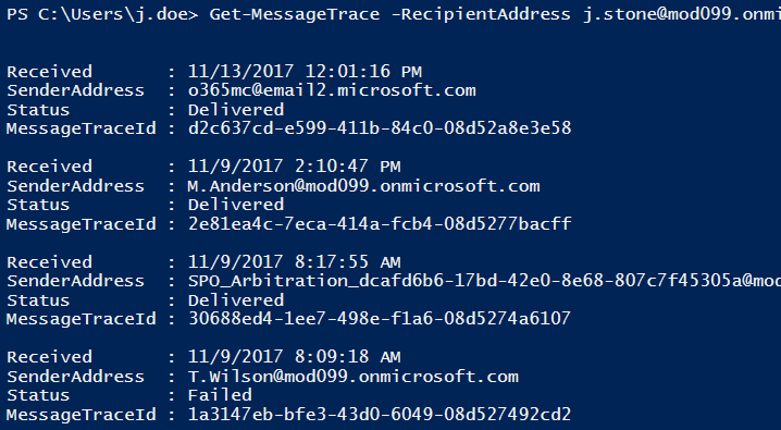 Message tracking in Office 365 PowerShell