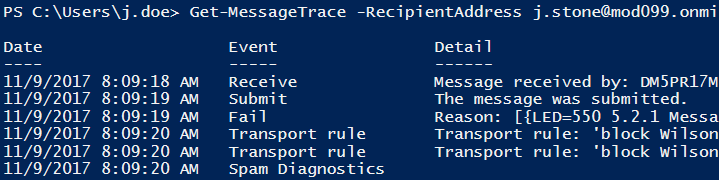 Message tracking in Office 365 PowerShell