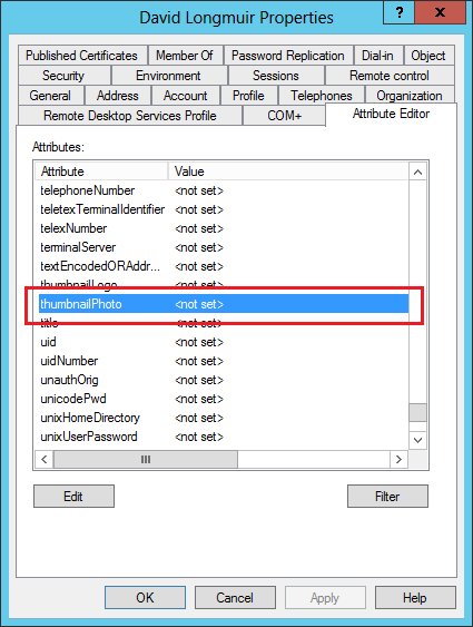 How to use Active Directory user photos in Windows 10 - Checking thumbnailPhoto attribute in Active Directory Users and Computers
