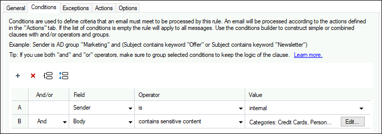 Defining rule conditions in CodeTwo Email Signatures On-prem.