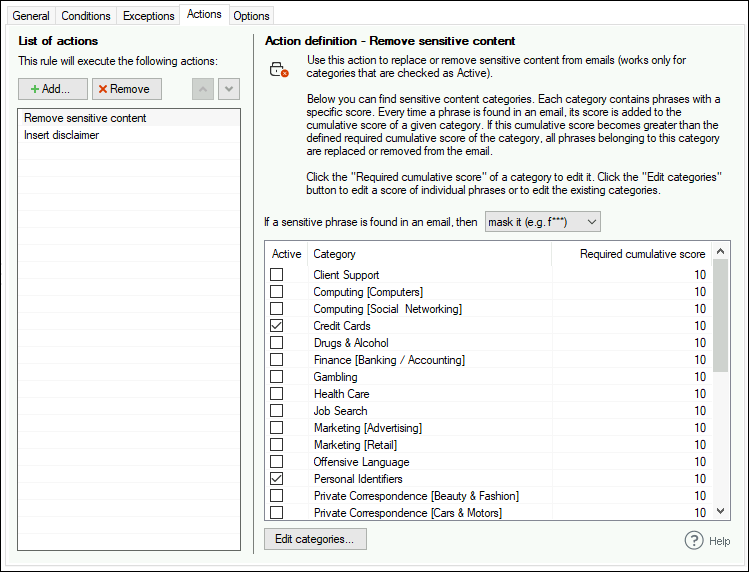Defining an action to remove sensitive content with CodeTwo Email Signatures On-prem.