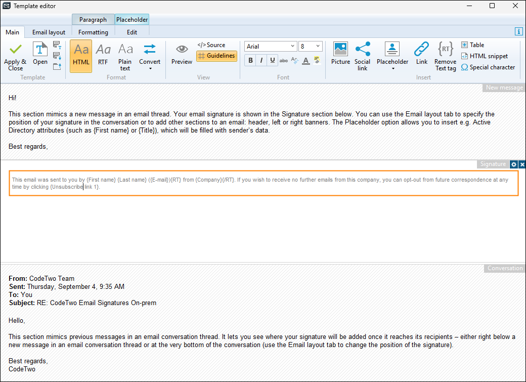 Template editor in CodeTwo Email Signatures On-prem