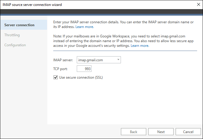 IMAP server connection
