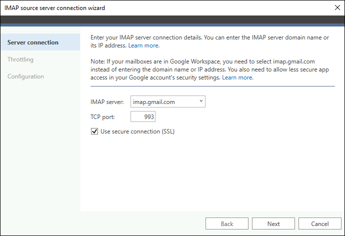 IMAP server connection
