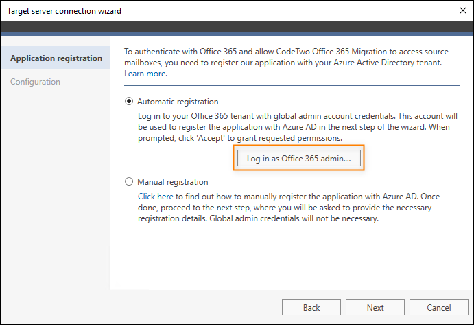Target Office 365 connection