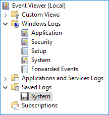 Windows event log - Saved logs view