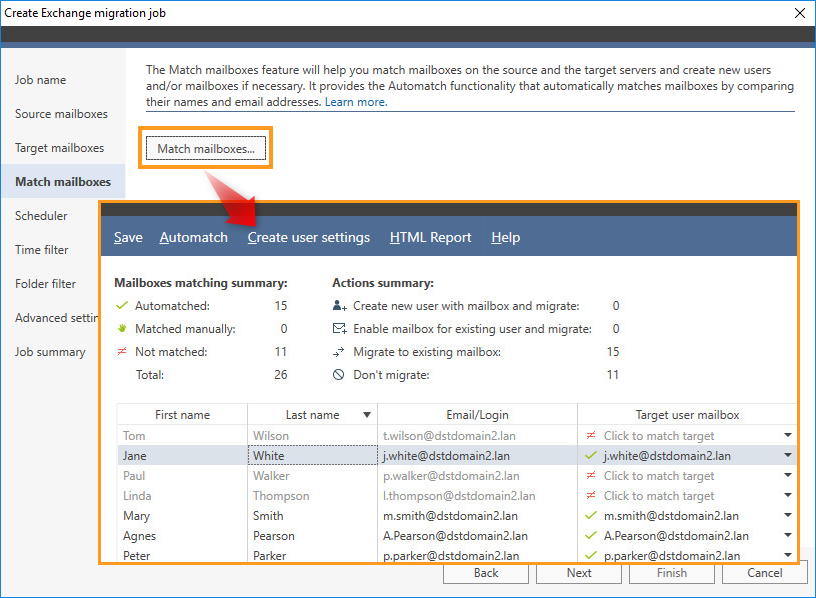 Automatically match source and target mailboxes.