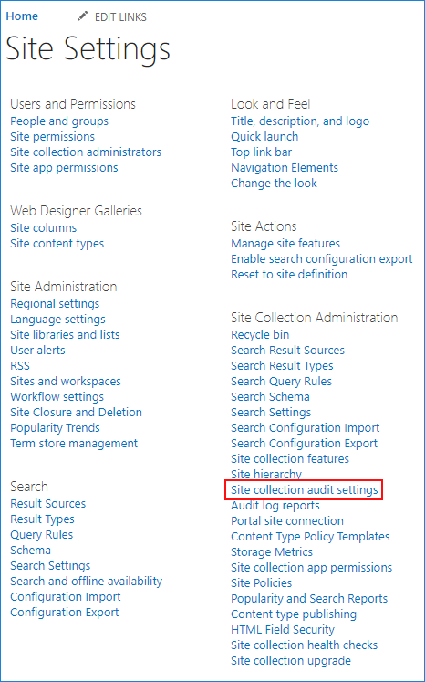 Site collection audit log settings