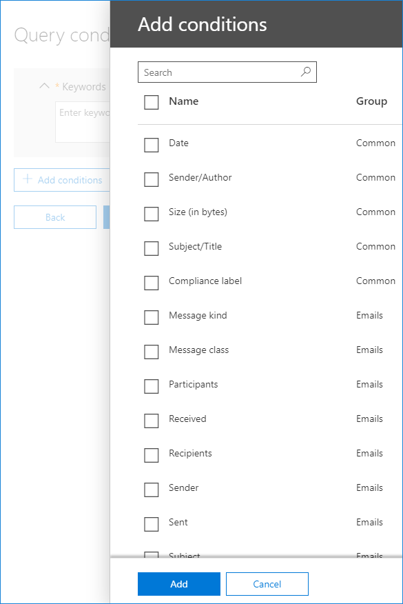 Extended eDiscovery query conditions