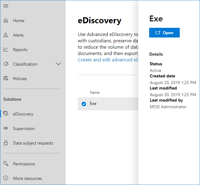 Open eDiscovery case in MS compliance center