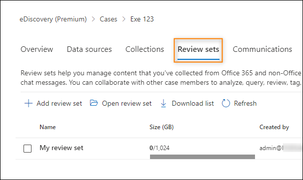 The Review sets tab of an eDiscovery case.