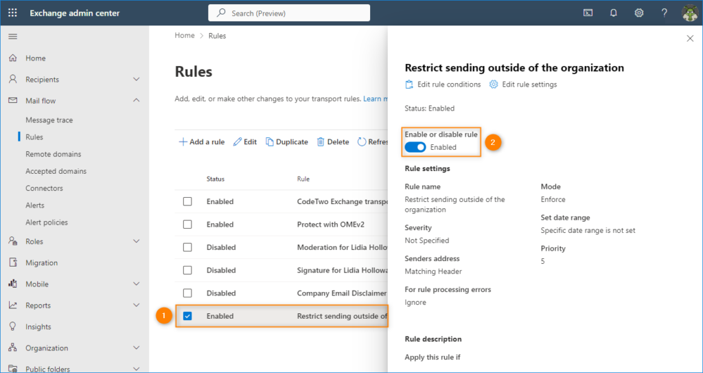 Enabling the mailflow rule