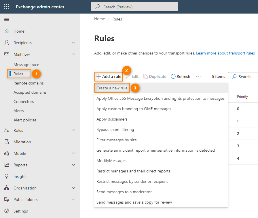 Create a new rule in Exchange admin center