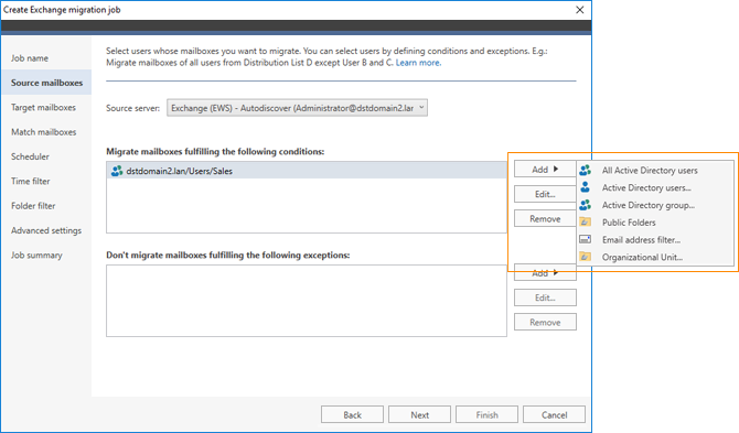 Select mailboxes to migrate to Exchange 2016.