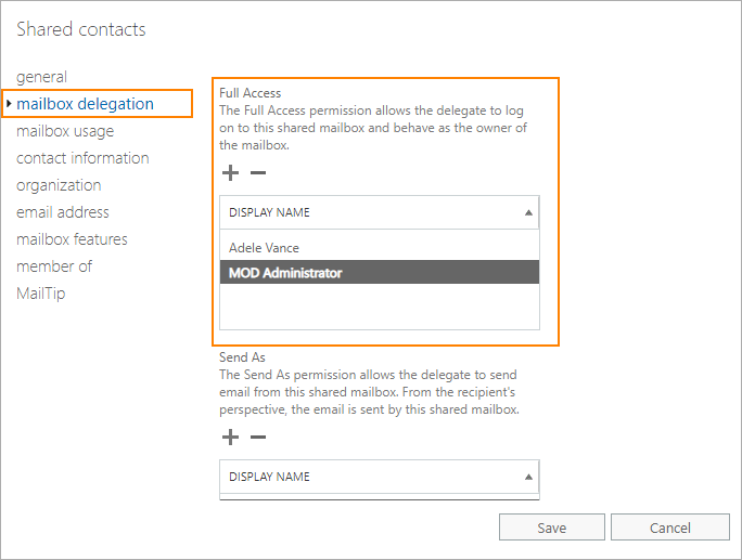 Delegation of shared mailboxes