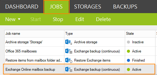 Backup job in the list in CodeTwo Backup tool.