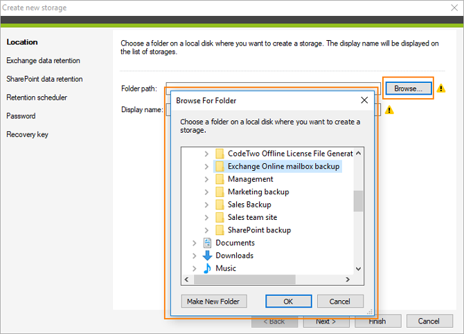 Create new storage for Exchange Online mailbox backup.