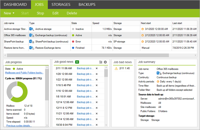 Jobs tab in CodeTwo backup tool