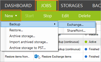 New Exchange backup job