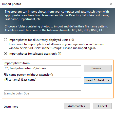 Import user photo from your computer