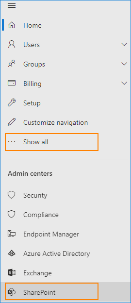 Microsoft 365 admin center - open SharePoint admin center