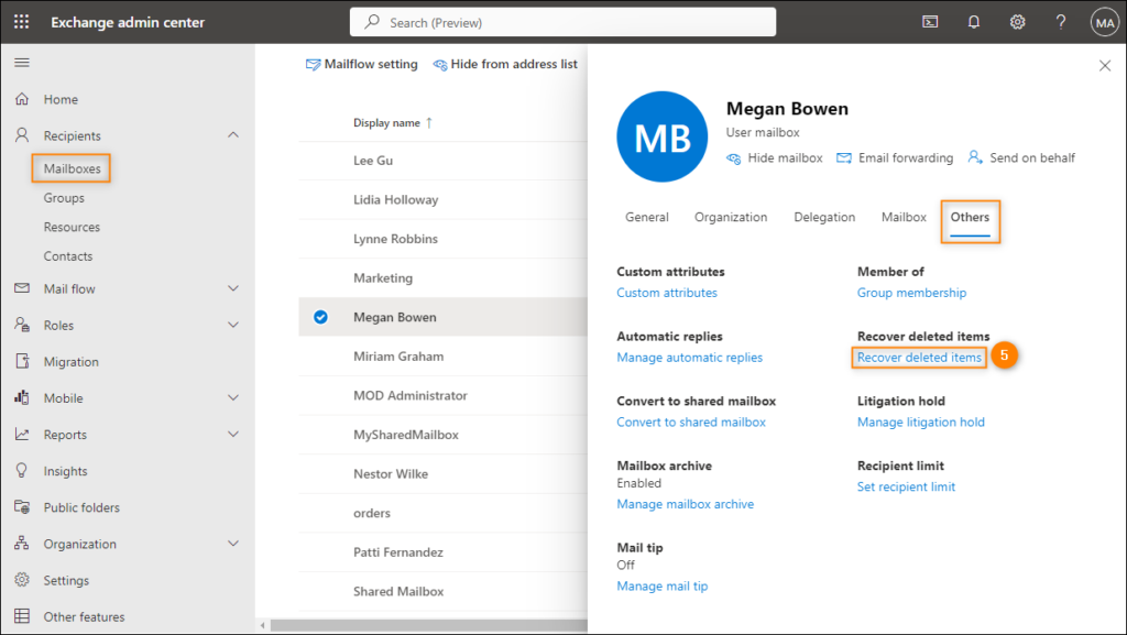 Modern Exchange Admin Center - recover deleted items