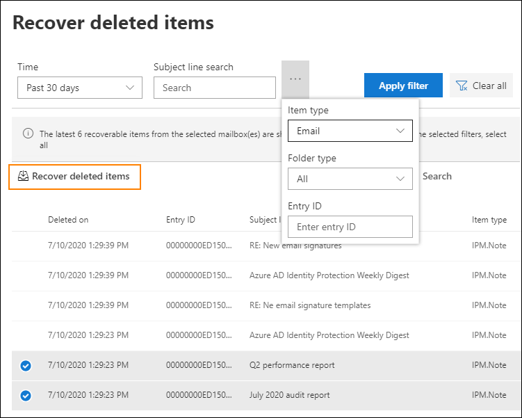 Recover deleted items in the Exchange admin center.