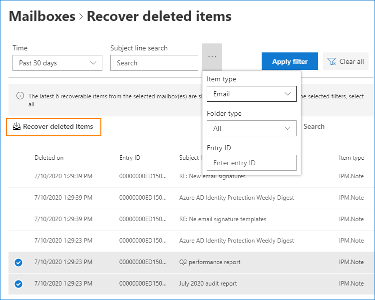 Recover deleted items in the Modern Exchange admin center
