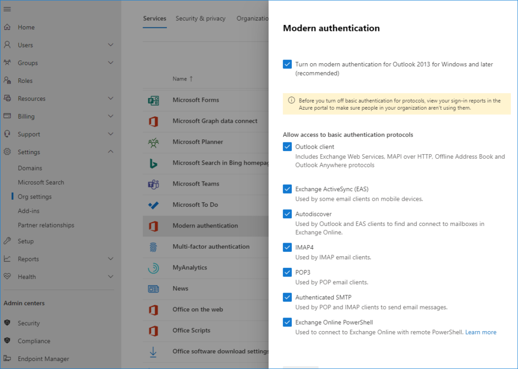 Disable basic authentication Office 365