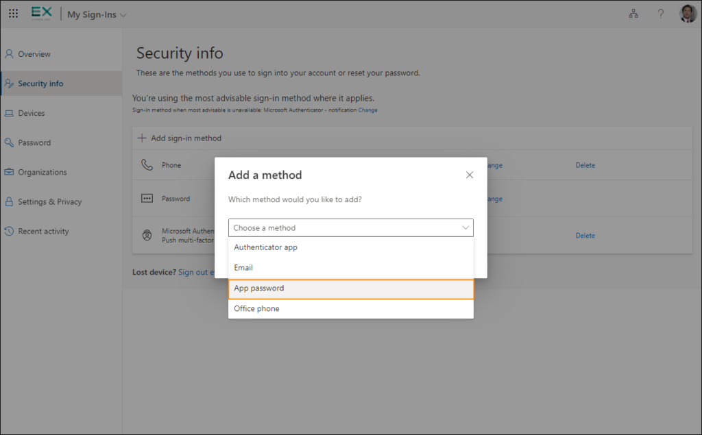 App password becomes available as a sign-in method on the Security info page in Microsoft 365