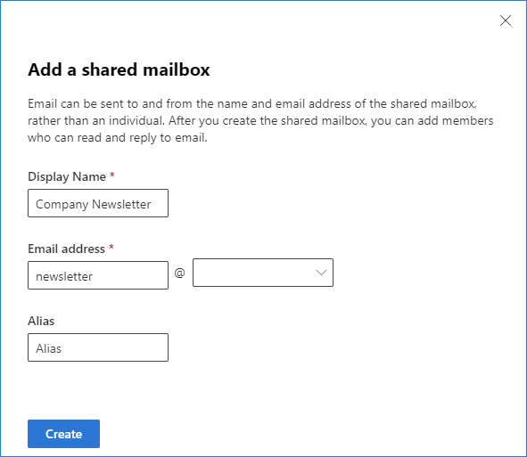 Add a shared mailbox - settings