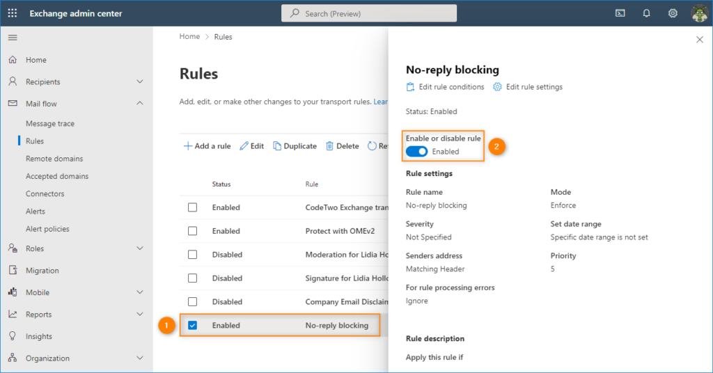 Enable mailflow rule