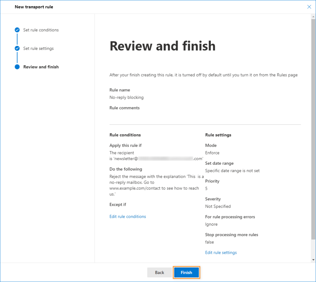 Finalize mailflow rule