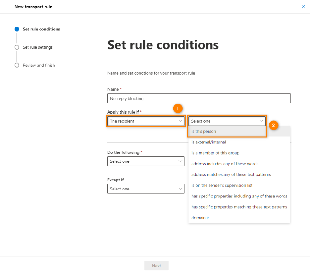 Mail flow rule configuration