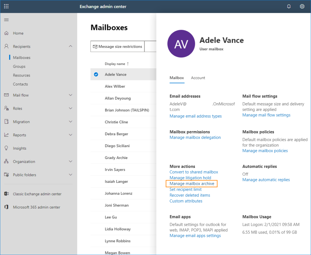 Manage mailbox archive